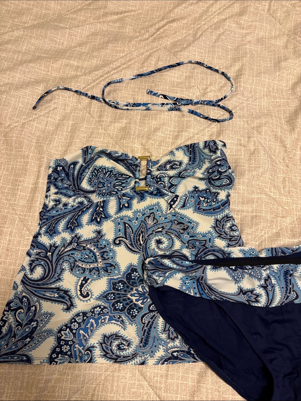 Ralph Lauren Blue Paisley Bandeau Tankini Top with Navy Bikini Bottom